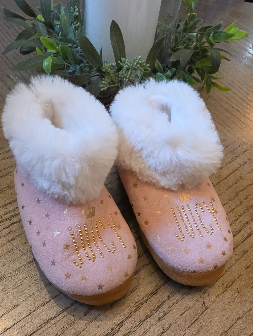 Juicy Pink Girls' Fuzzy Slipper Mules Size 11-12